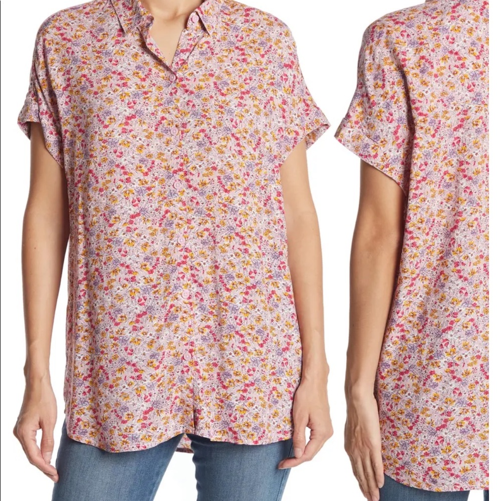 Womens Pink Floral Button Up Blouse